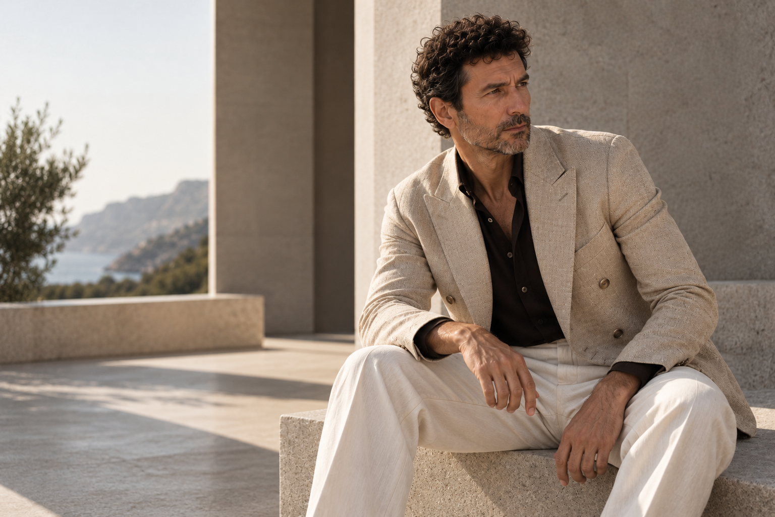 Hombre sentado en una terraza de piedra frente al mar, blazer beige de lino y camisa oscura.