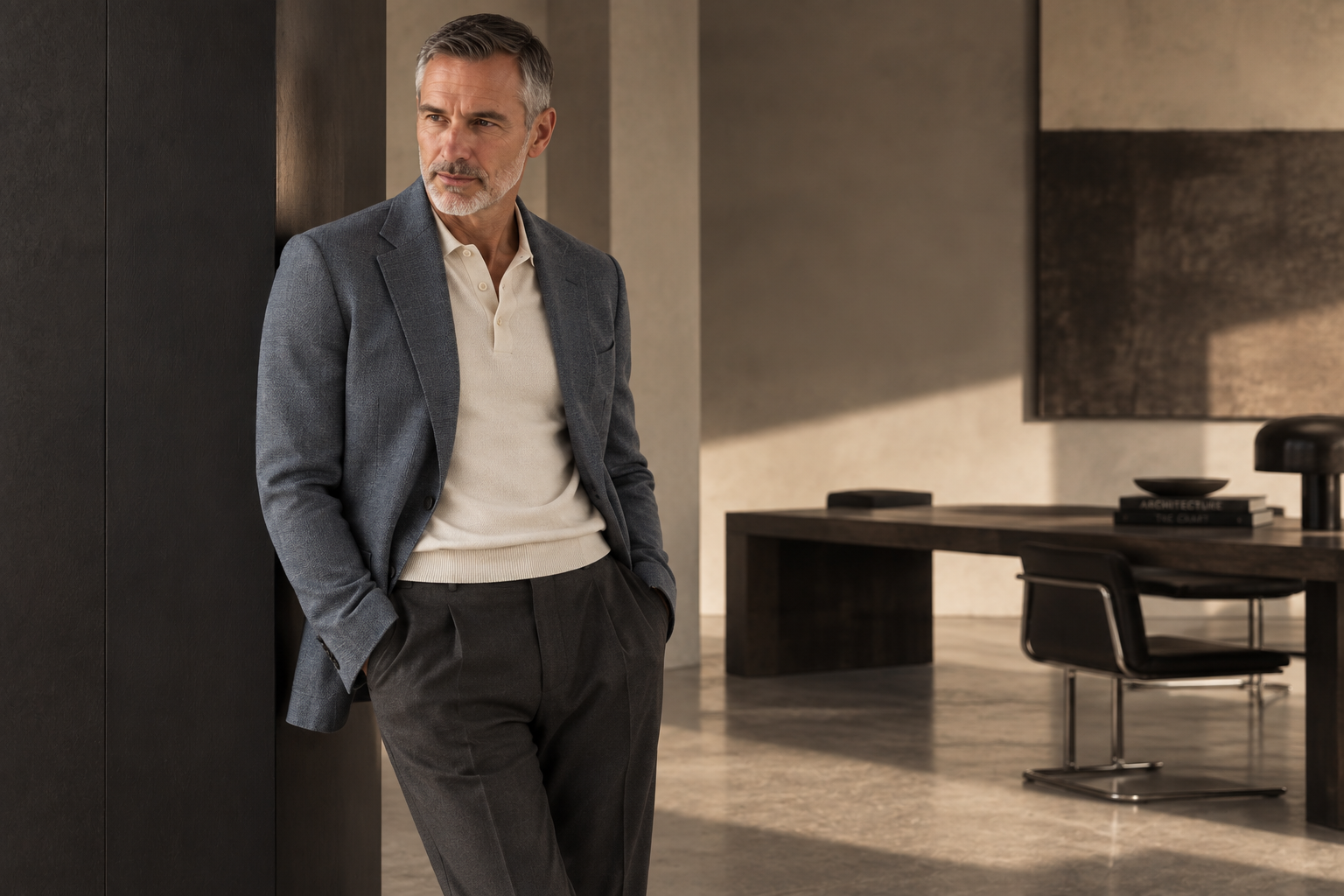 Editorial Man: hombre con blazer gris y sweater beige en un interior contemporáneo.