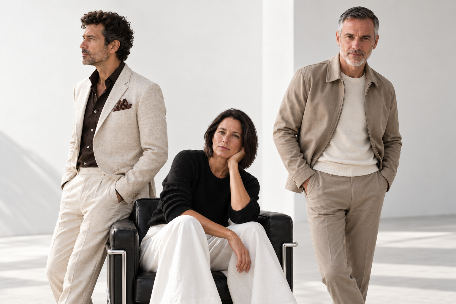 Editorial de selección: dos hombres y una mujer en tonos neutros sobre fondo blanco.